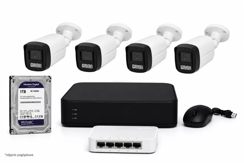 Zestaw monitoringu 4K – 4 kamery  8MP + Rejestrator + Dysk 1 TB